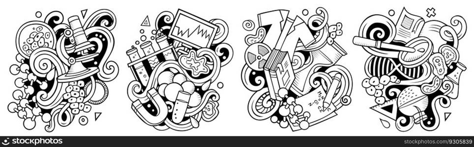 Science cartoon vector doodle designs set. Sketchy detailed compositions with lot of scientific objects and symbols. Isolated on white illustrations. Science cartoon vector doodle designs set.