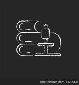 Science chalk white icon on dark background. Microscope, stack of books. Learning through observation and experimentation. Science classes. Isolated vector chalkboard illustration on black. Science chalk white icon on dark background