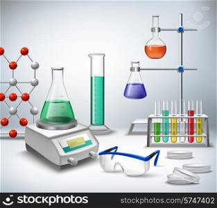 Science chemical and medical research equipment in lab realistic background vector illustration