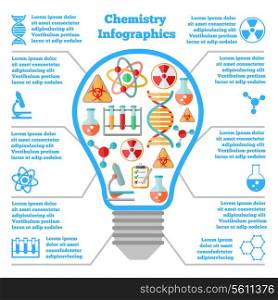 Science chemical colorful infographcis bulb with dna atom microscope icons vector illustration