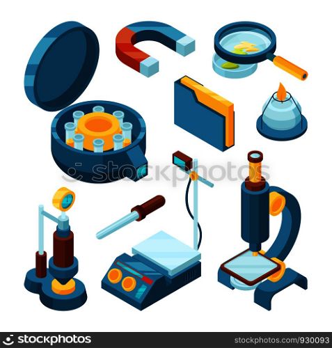 Science chemical isometric. Pharmaceutical engineering biology modern industry microscope oscilloscope vector 3d tools. Microscope equipment for science, chemistry technology illustration. Science chemical isometric. Pharmaceutical engineering biology modern industry microscope oscilloscope vector 3d tools