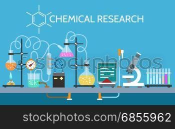 Science chemical laboratory. Science chemical laboratory vector illustration. Technician scientist experiment working equipment