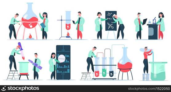 Science chemist characters. Science laboratory research, working chemistry clinic scientists. Pharmaceutical researchers vector illustration set. Lab and laboratory, burn tube with liquid. Science chemist characters. Science laboratory research, working chemistry clinic scientists. Pharmaceutical researchers vector illustration set