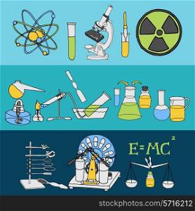Science chemistry and physics scientific laboratory equipment colored sketch banner set isolated vector illustration