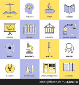 Science chemistry laboratory research equipment flat line icons set isolated vector illustration