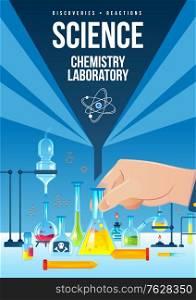 Science chemistry laboratory vertical poster with flasks tubes with colorful chemicals and other equipment flat vector illustration