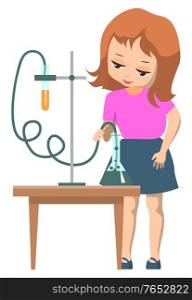 Science club for children. Schoolgirl doing chemical experiment with test tubes and liquids on table. Kid use leisure time for education. Back to school concept. Flat cartoon vector illustration. Schoolgirl in Science School Club Doing Experiment