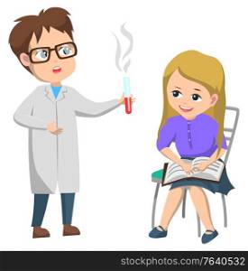 Science club for pupils after lessons. Boy in white robe doing chemical experiment with test tube. Girl sitting on chair and reading book. Back to school concept. Flat cartoon vector illustration. Boy and Girl in Science Club Doing Experiment