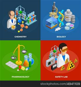Science Concept Icons Set . Science concept icons set with chemistry biology and pharmacology symbols isometric isolated vector illustration