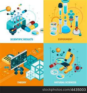Science Concept Icons Set . Science concept icons set with experiment and results symbols isometric isolated vector illustration