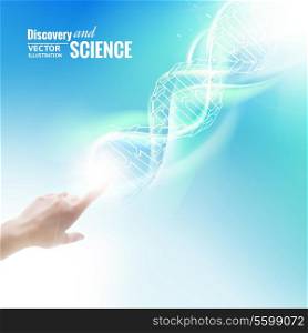 Science concept image of human hand touching DNA. Vector illustration.