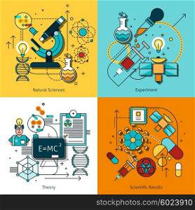 Science Concept Line Icons Set. Science concept line icons set with theory and experiment symbols flat isolated vector illustration