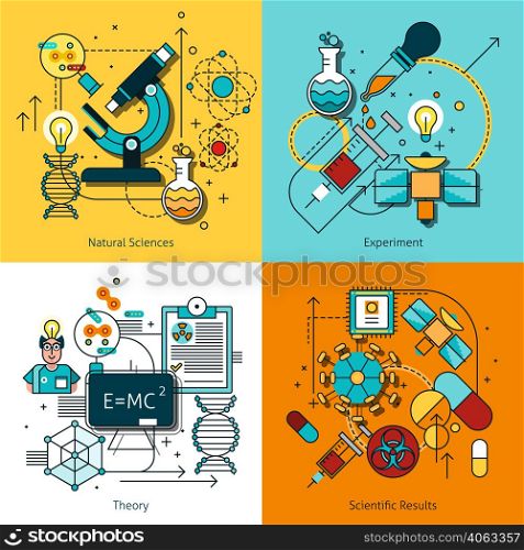 Science concept line icons set with theory and experiment symbols flat isolated vector illustration . Science Concept Line Icons Set