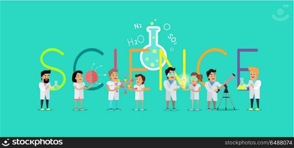 Science Concept Vector Flat Design Illustration. Science conceptual vector. Flat design. Human characters in white gowns with scientific instruments. Picture for education sources ad, laboratory research, illustrating, infographics, web design.
