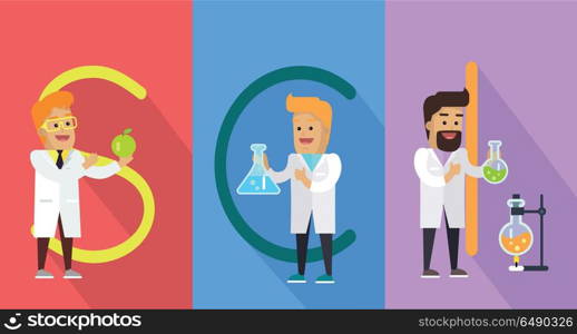 Science Conceptual Vector Banner. Human Characters. Science conceptual vector banner. Letters S, C, I. Human characters in white gowns with scientific equipment. Educational concept. Modern technology. Flat style. For education source ad, infographics