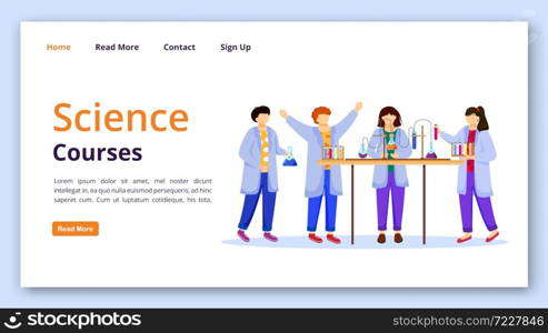 Science courses landing page vector template. Chemistry experiments for kids website interface idea with flat illustrations. Practical lessons omepage layout, web banner, webpage cartoon concept. Science courses landing page vector template
