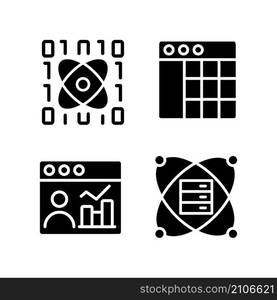 Science data mining black glyph icons set on white space. Tools for virtual researching. Engineering system and digital technology. Silhouette symbols. Vector isolated illustration. Science data mining black glyph icons set on white space