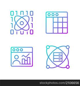 Science data mining gradient linear vector icons set. Tools for virtual researching. Engineering and digital technology. Thin line contour symbols bundle. Isolated outline illustrations collection. Science data mining gradient linear vector icons set