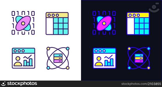 Science data mining light and dark theme RGB color pixel perfect icons set. Tools for virtual researching. Engineering system. Simple filled line drawings pack on white and black space. Science data mining light and dark theme RGB color pixel perfect icons set
