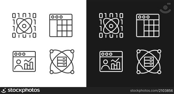 Science data mining linear pixel perfect icons set for dark and light mode. Tools for virtual researching. Engineering system. Customizable thin line symbols. Isolated vector outline illustrations. Science data mining linear pixel perfect icons set for dark and light mode