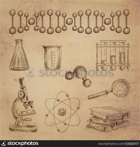 Science decorative doodle icons set with dna structure laboratory equipment isolated vector illustration