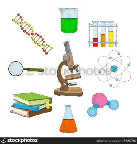 Science decorative elements icons set with microscope dna flasks books isolated vector illustration