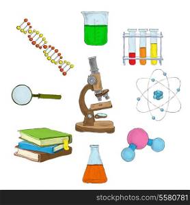 Science decorative elements icons set with microscope dna flasks books isolated vector illustration