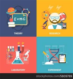 Science Decorative Icon Set . Science theory research laboratory and experiment flat color decorative icon set isolated vector illustration