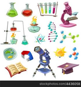Science Decorative Icons Set. Science decorative icons set with chemical experiments dna microscope telescope biology magnet burner eureka isolated vector illustration