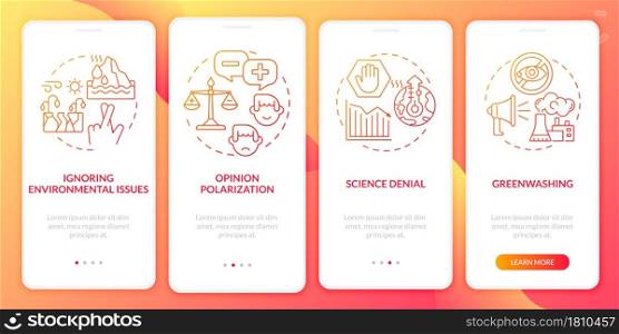 Science denial red onboarding mobile app page screen. Greenwashing walkthrough 4 steps graphic instructions with concepts. UI, UX, GUI vector template with linear color illustrations. Science denial red onboarding mobile app page screen