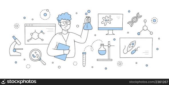 Science doodle concept, chemist or biologist scientist holding beaker with reagent in laboratory with microscope, molecule formulas, dna, microorganism cells and flasks, Linear vector illustration. Science doodle concept, chemist holding beaker