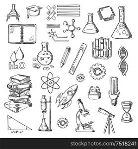 Science, education and laboratory experiments sketches with books, lab flasks and burners, microscope, notebook and hourglass, microchip, DNA, atom and water molecule, graduation cap, light bulb, pythagorean theorem, telescope and rocket. Science and education sketch symbols