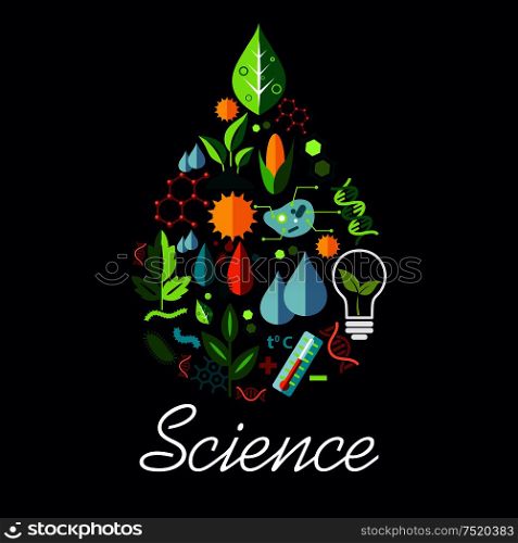 Science emblem in drop shape. Vector scientific and medical objects atom, sun, lamp bulb, bio green leaf, formula, molecule, water drops, bacteria, dna, thermometer. Science emblem in drop shape with symbols
