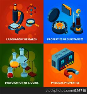 Science equipment. Chemistry testing research laboratory school class lab vector isometric concept pictures. Illustration of study chemical, experiment science, evaporation and physical properties. Science equipment. Chemistry testing research laboratory school class lab vector isometric concept pictures