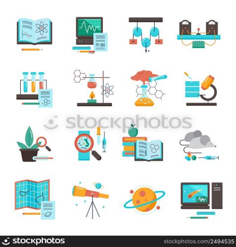 Science equipment icon set for chemistry biology astronomy medicine vector illustration. Science Equipment Icon Set