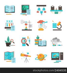 Science equipment icon set for chemistry biology astronomy medicine vector illustration. Science Equipment Icon Set