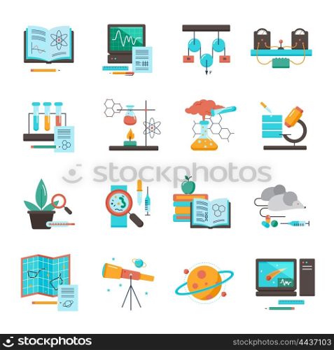 Science Equipment Icon Set. Science equipment icon set for chemistry biology astronomy medicine vector illustration