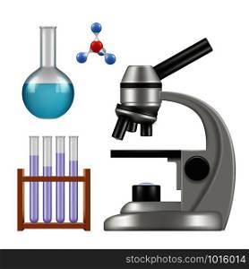 Science equipment. Microscope scientific chemical laboratory items glass cylinder and tubes beakers pipette vector realistic. Illustration of microscope for laboratory, glass flask. Science equipment. Microscope scientific chemical laboratory items glass cylinder and tubes beakers pipette vector realistic