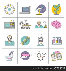 Science experiment and research equipment flat line icons set isolated vector illustration. Science And Research Flat Line