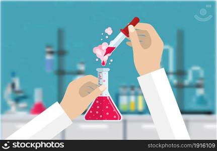 Science Experiment in laboratory. Lboratory equipment, jars, beakers, flasks, microscope, spirit lamp. Biology science education medical vector illustration in flat style. Science Experiment in laboratory.