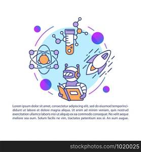 Science fiction article page vector template. Brochure, magazine, booklet design element with linear icons. E-learning, futuristic innovations, AI. Print design. Concept illustrations with text