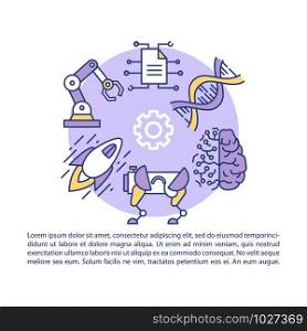Science fiction article page vector template. Brochure, magazine, booklet design element with linear icons. Futuristic technologies, sci fi engineering. Print design. Concept illustrations with text