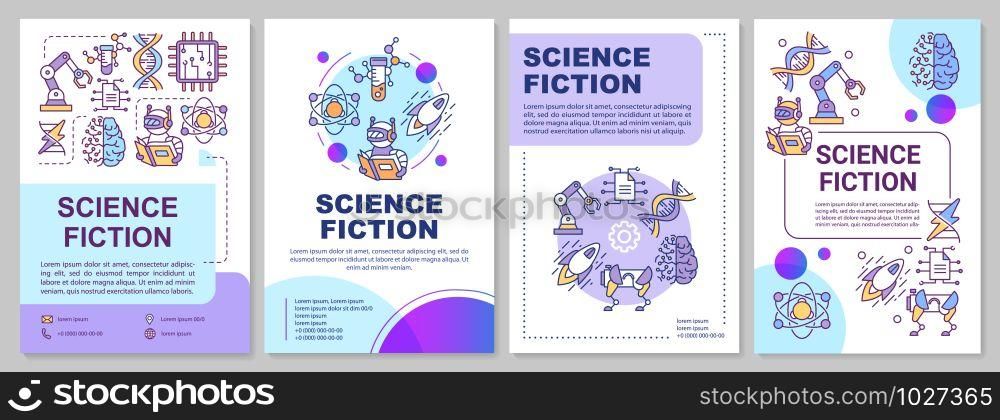 Science fiction book brochure template. Sci fi literature. Flyer, booklet, leaflet print, cover design with linear illustrations. Vector page layouts for magazines, annual report, advertising poster