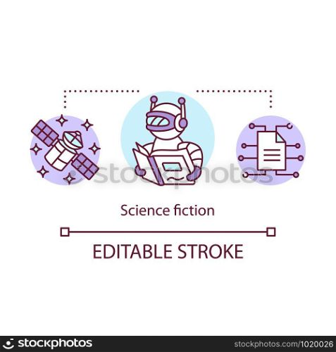 Science fiction concept icon. Sci fi technologies idea thin line illustration. Cosmic travelling, space exploration stories. Futuristic literature. Vector isolated outline drawing. Editable stroke