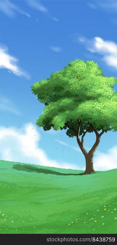 science fiction in vector illustration of a single evergreen tree among the green grasses under a bright blue sky