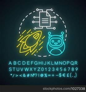 Science fiction neon light concept icon. Cosmic travelling and future technologies, sci fi innovations idea. Glowing sign with alphabet, numbers and symbols. Vector isolated illustration