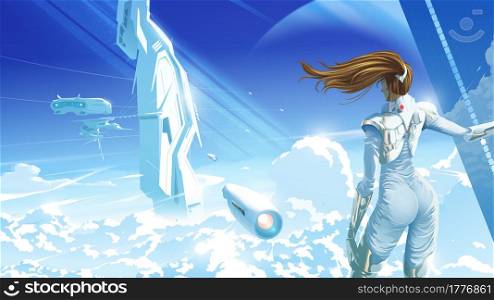 Science fiction vector illustration of a beautiful lady standing and looking to the spacecraft is landing on the futuristic structure on an alien planet.