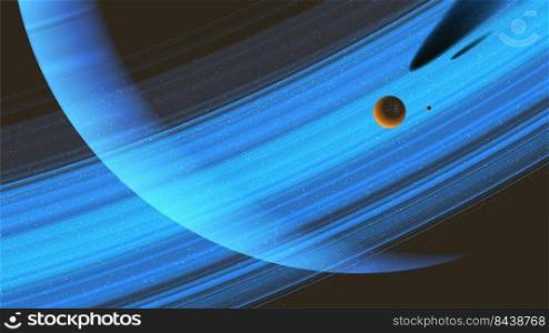 Science fiction vector illustration of a giant ring planet with an orbiting moon.