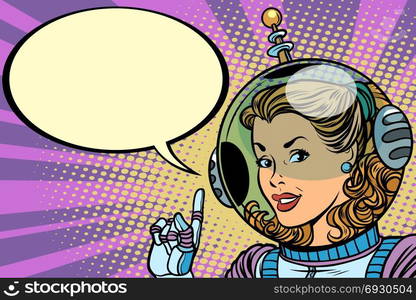 Science fiction woman astronaut hero. Comic book cartoon pop art retro vector illustration drawing. Science fiction woman astronaut hero