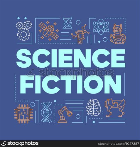 Science fiction word concepts banner. Presentation, website. Futuristic scientific technologies. Isolated lettering typography idea with linear icons on blue. Vector outline illustration